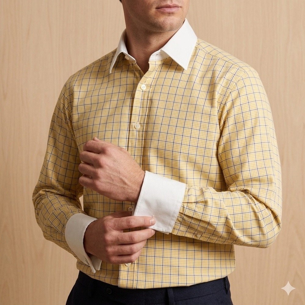 Turnbull & Asser Mens Yellow Check French Cuff Dress Shirt 15.5 39cm England